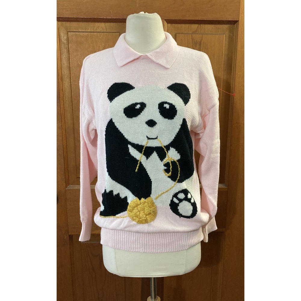 Bear With Us Panda Bear Sweater Vtg 80s Sz M Pink Cute Preppy Ted E. Bear